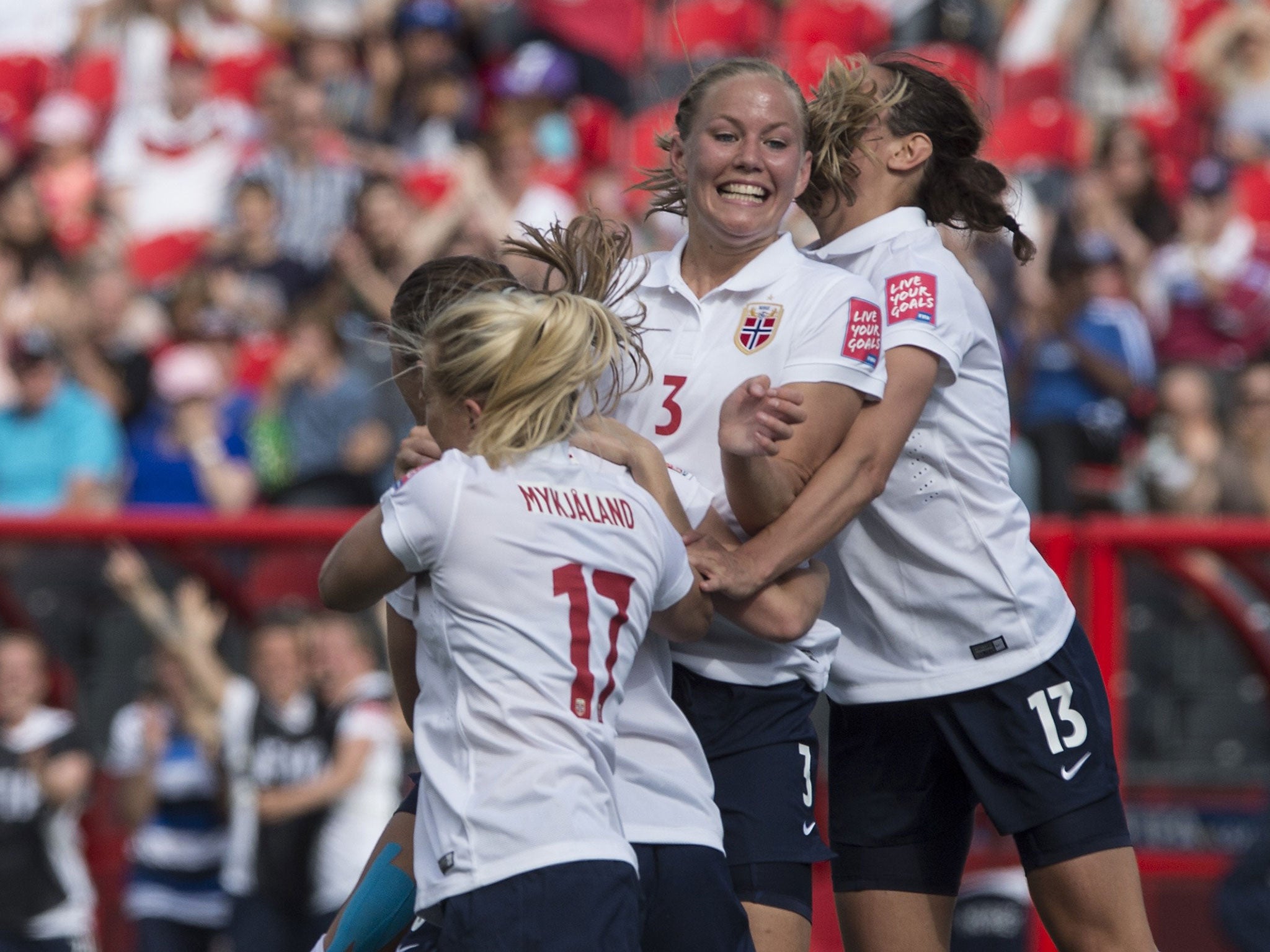 Norway celebrate Maren Mjelde's equaliser against Germany