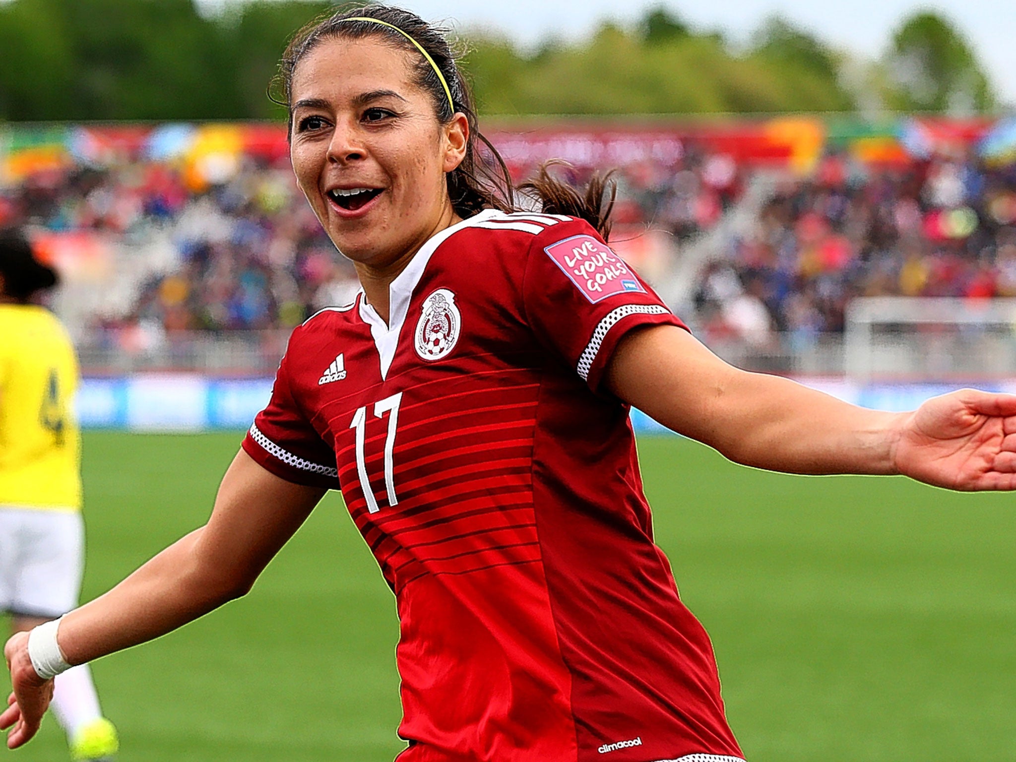 Veronica Perez celebrates after scoring for Mexico in their 1-1 draw with Colombia in their World Cup opener. The Mexicans take on England tonight