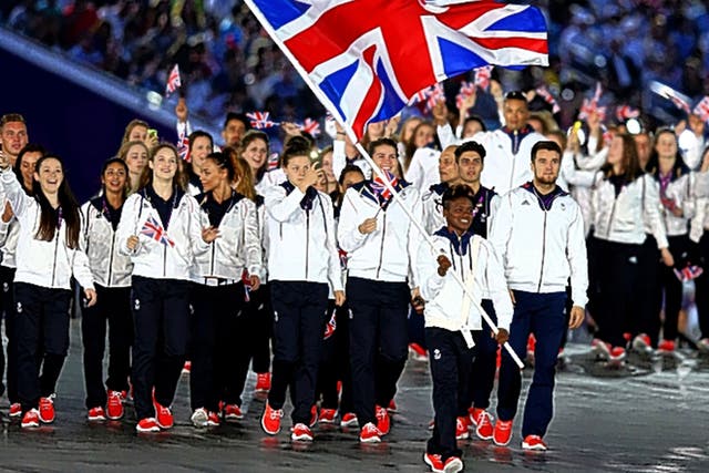 Boxer Nicola Adams leads the British team into the National Stadium in Baku during the opening ceremony last night