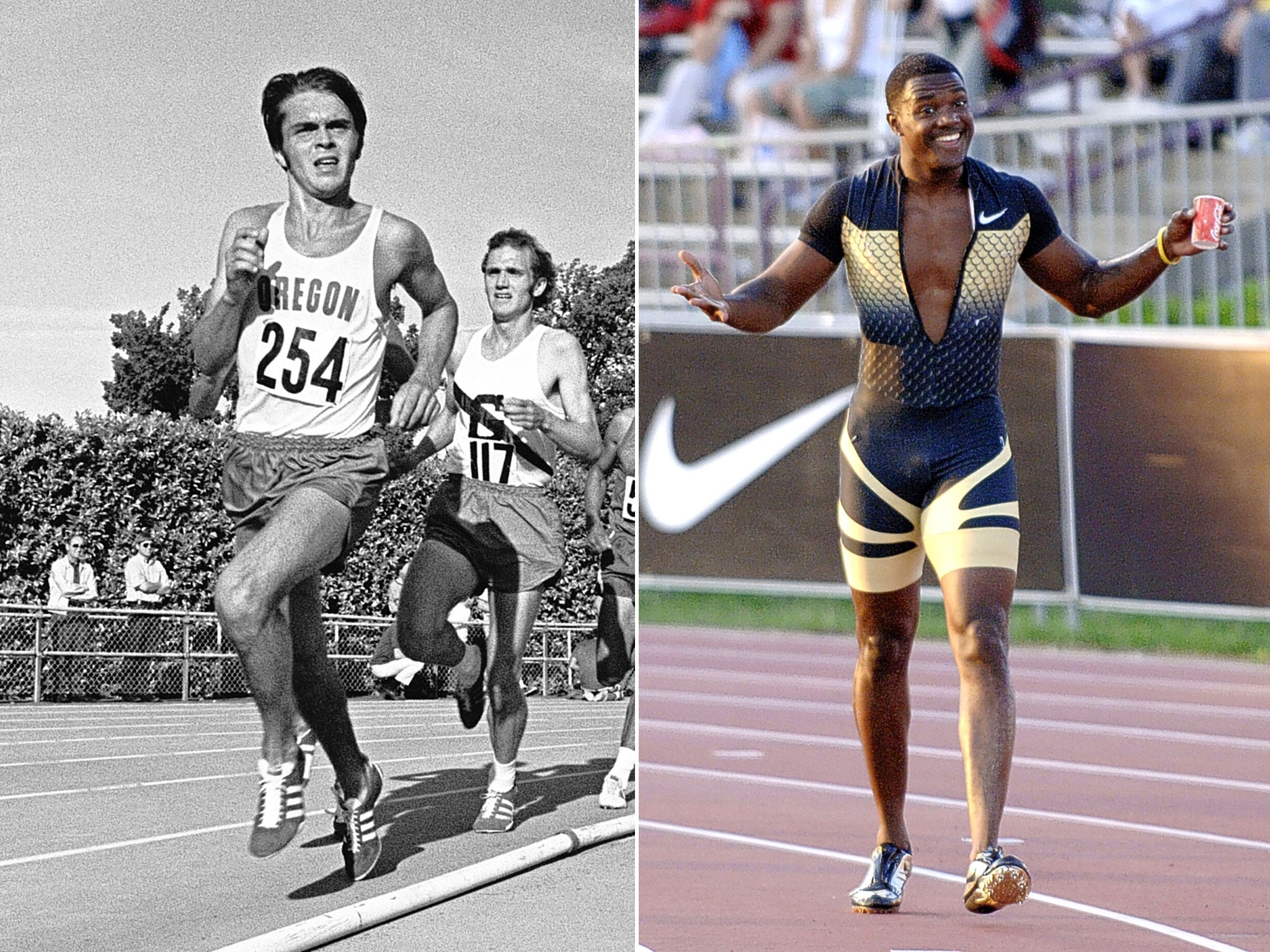 Steve Prefontaine (left) and Justin Gatlin, two Nike clients from different eras