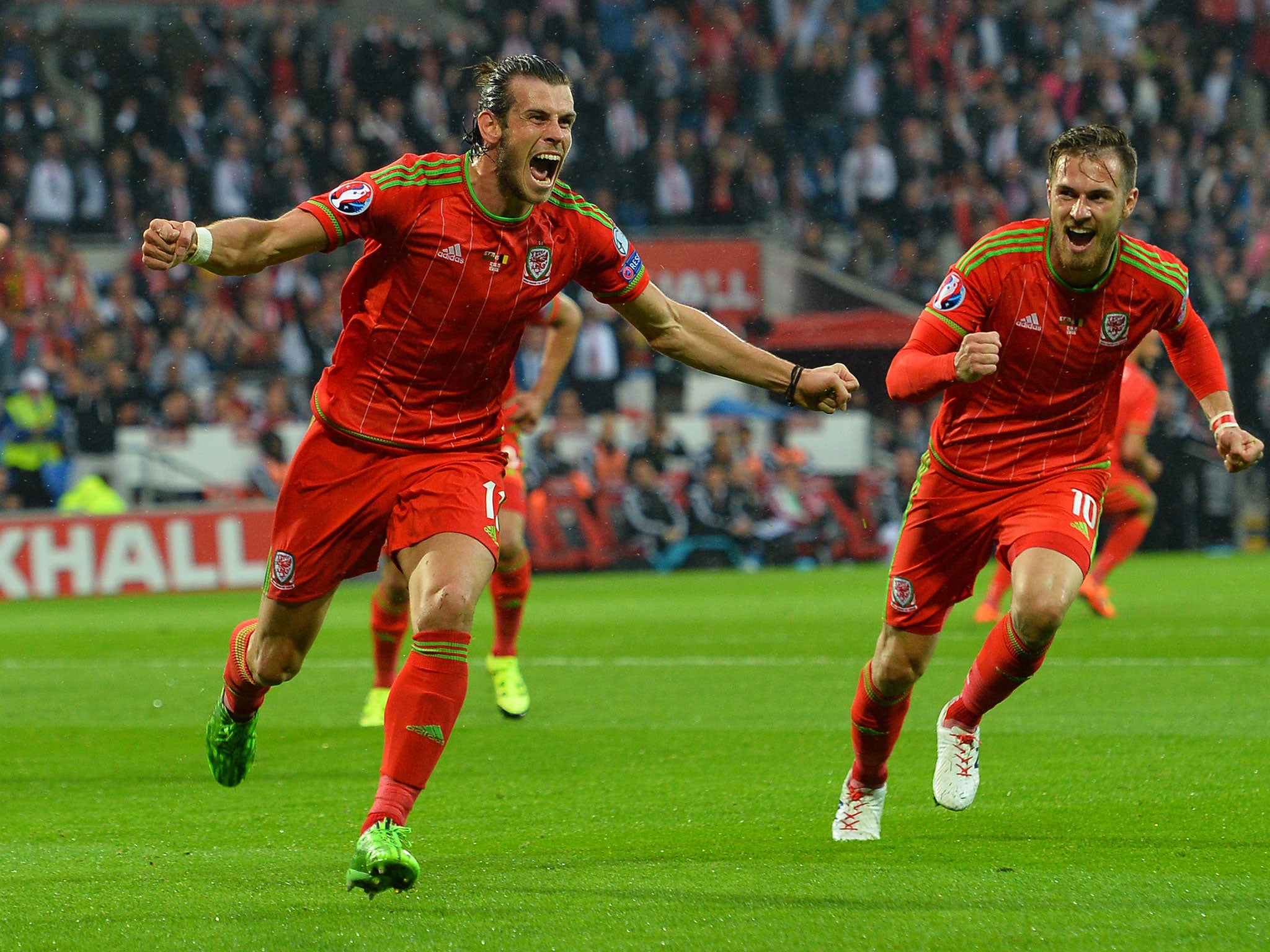 Gareth Bale celebrates scoring Wales' winner against Belgium