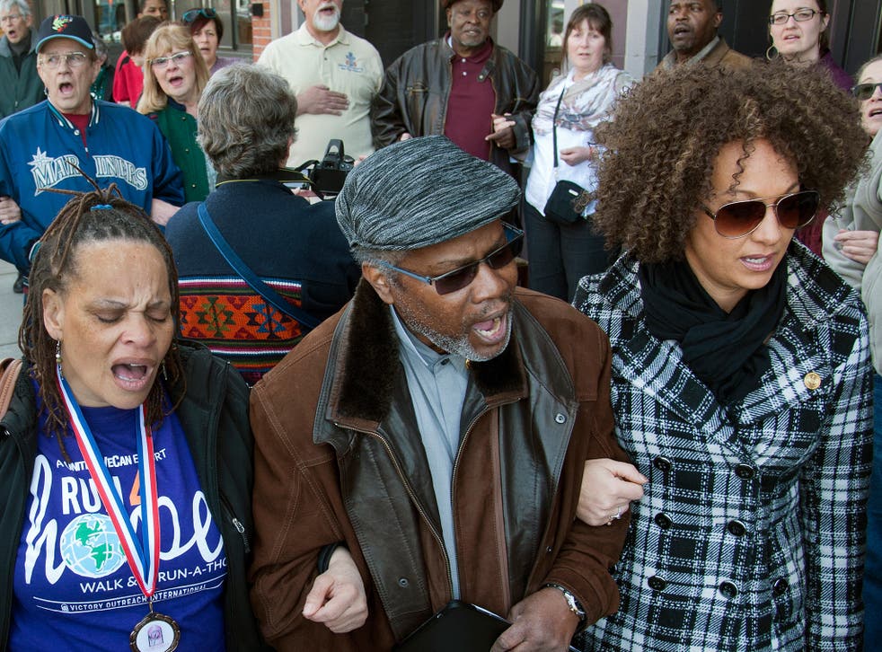 Rachel Dolezal (far right) on a march against racism with friends before she was 'outed'