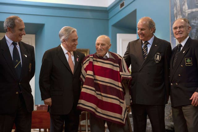 Methol, far right, with another survivor, Gustavo Zerbino (far left) and, centre, Sergio Catalan, the Chilean who led the rescue, on the 40th anniversary of the crash