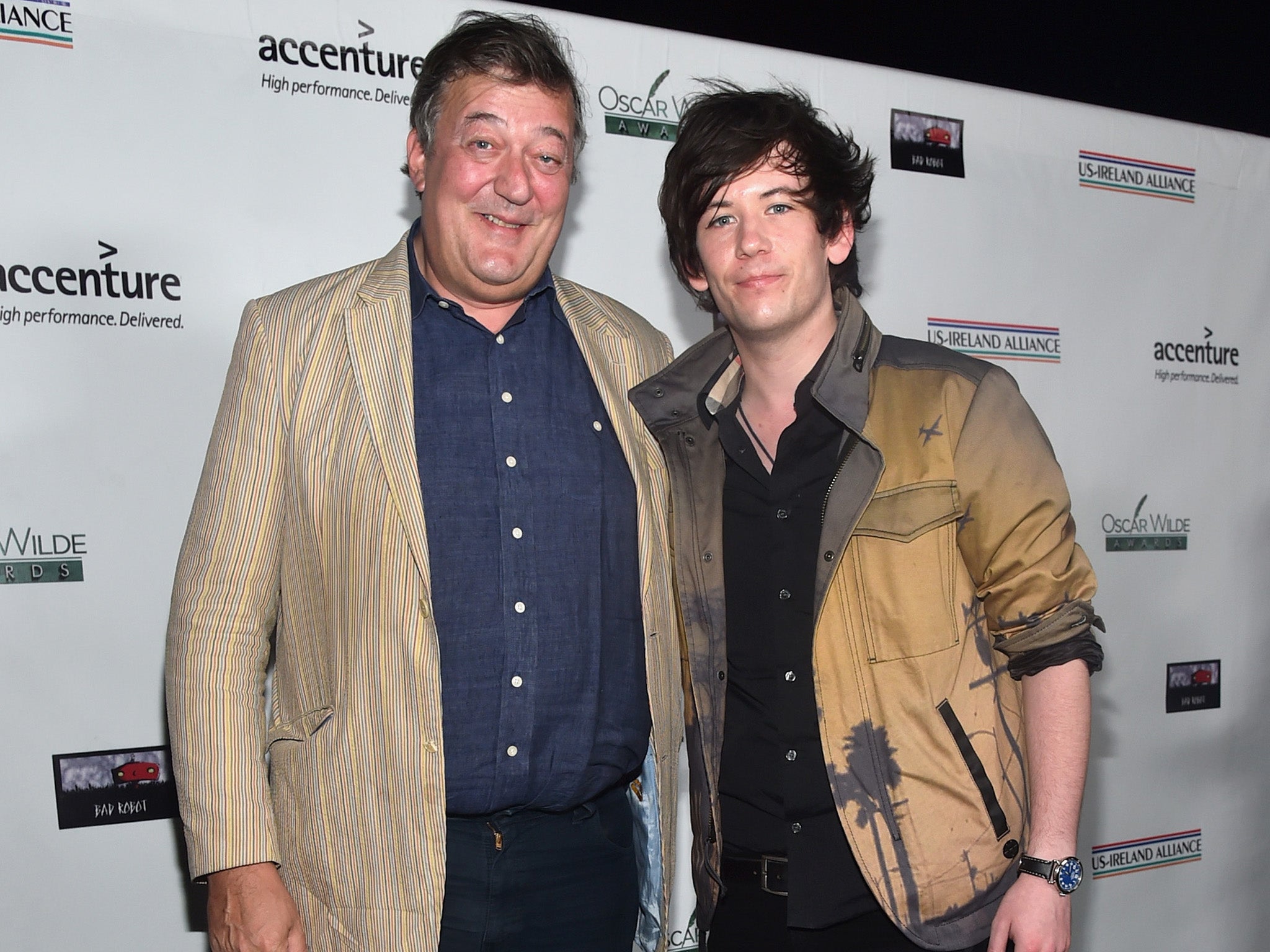 Married comedians Stephen Fry and Elliott Spencer attend the US-Ireland Aliiance's Oscar Wilde Awards event at J.J. Abrams' Bad Robot on 19 February 2015 in Santa Monica, California