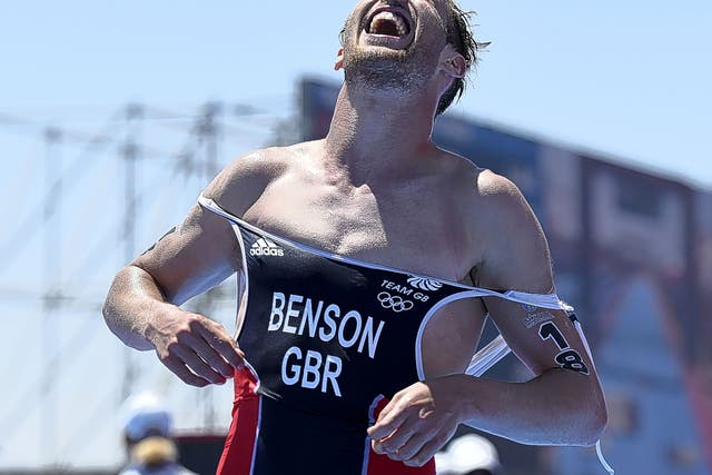 An exhausted Gordon Benson after securing triathlon gold in Baku 