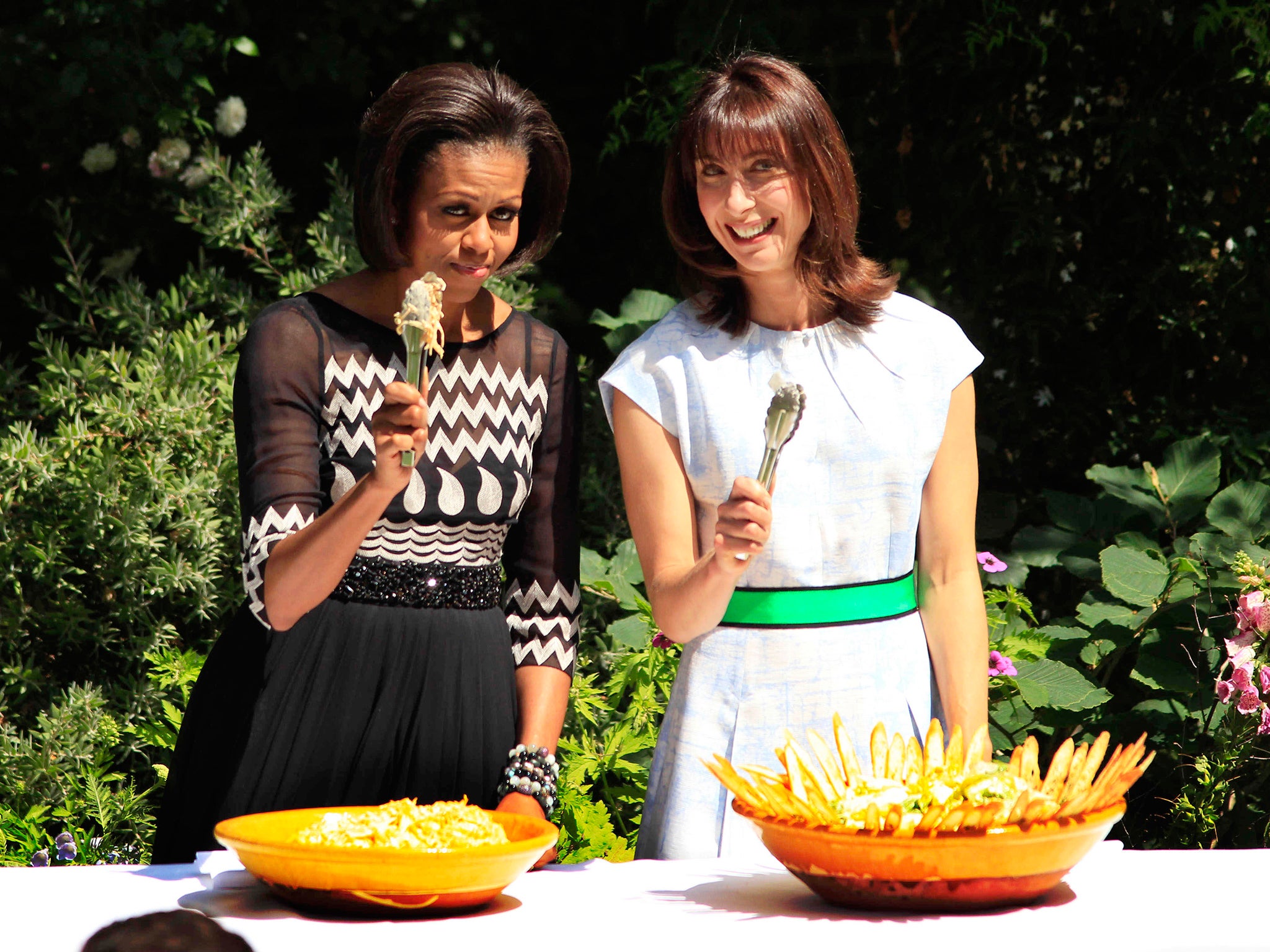 Michelle Obama and Samantha Cameron at a barbecue in the garden of 10 Downing Street in 2011