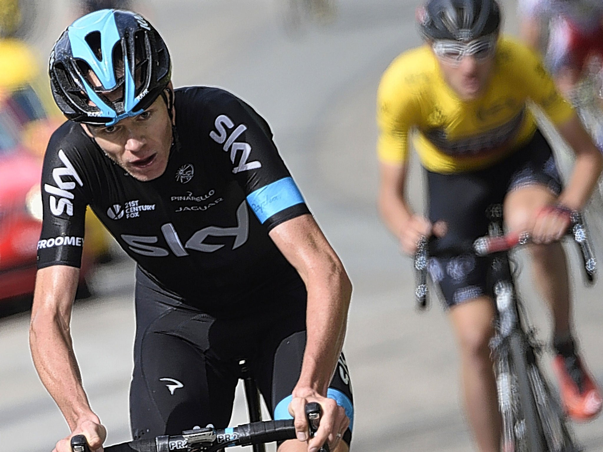 Chris Froome climbs the last hill of yesterday’s final stage of the Critérium du Dauphiné ahead of the yellow jersey of Tejay van Garderen