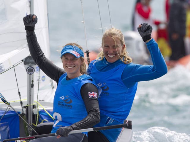 Hannah Mills (left) and Saskia Clark beat their main Kiwi 470 rivals Jo Aleh and Polly Powrie to take gold at the ISAF World Cup regatta in Weymouth