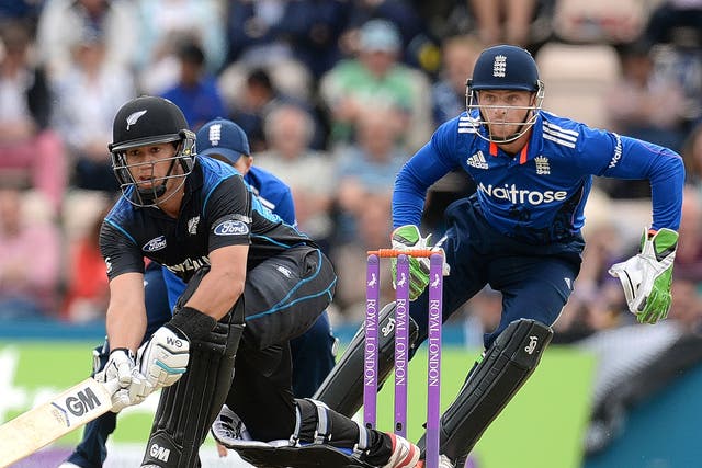 Ross Taylor (left) sweeps on his way to his second successive century