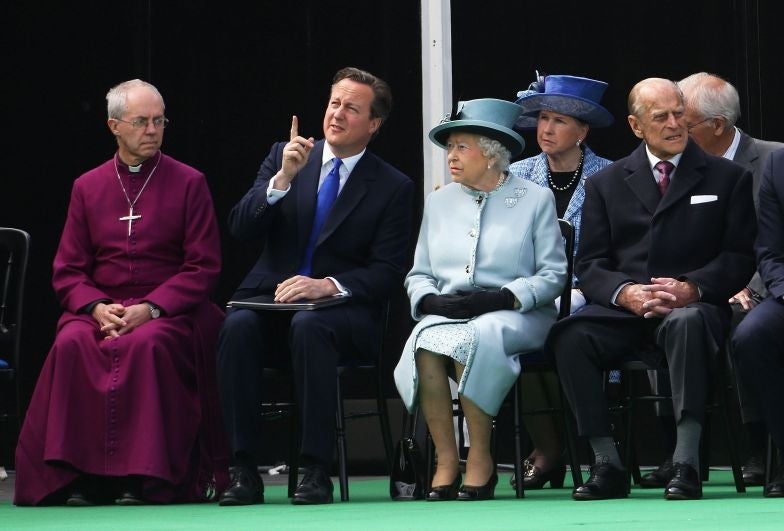 The Archbishop of Canterbury Justin Welby, Prime Minister David Cameron, Queen Elizabeth II and the Duke of Edinburgh seated by the Magna Carta memorial at Runnymede, near Egham, Surrey, ahead of a ceremony to celebrate the 800th anniversary of the accord.