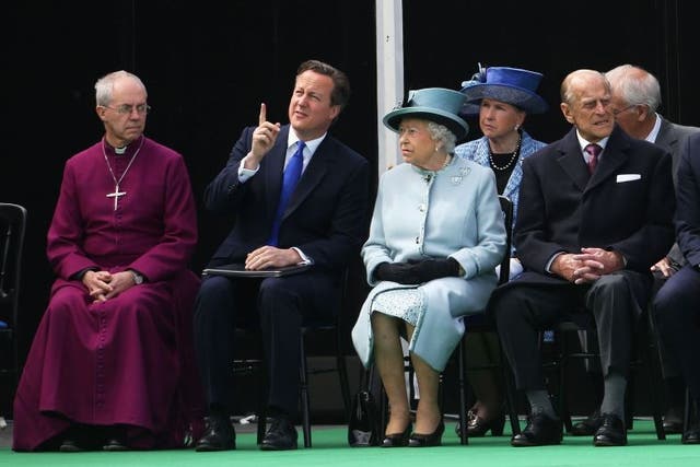 The Archbishop of Canterbury Justin Welby, Prime Minister David Cameron, Queen Elizabeth II and the Duke of Edinburgh seated by the Magna Carta memorial at Runnymede, near Egham, Surrey, ahead of a ceremony to celebrate the 800th anniversary of the accord