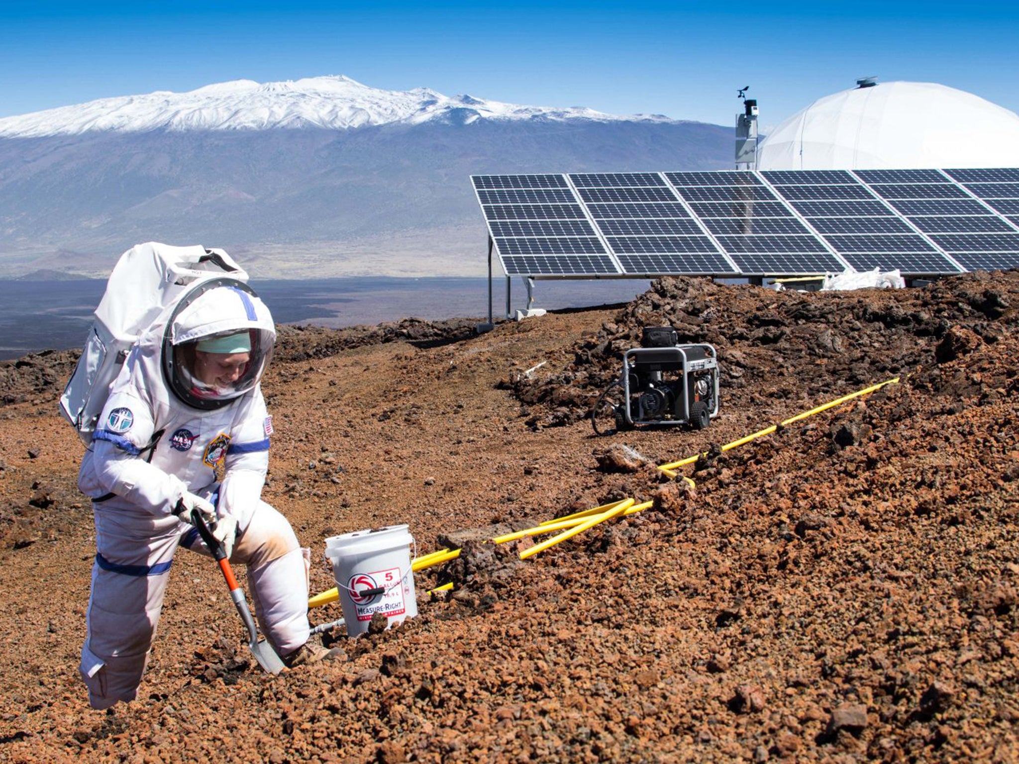 Martha Lenio collects a soil sample on the slopes of Mauna Loa, Hawaii, where the experiment took place