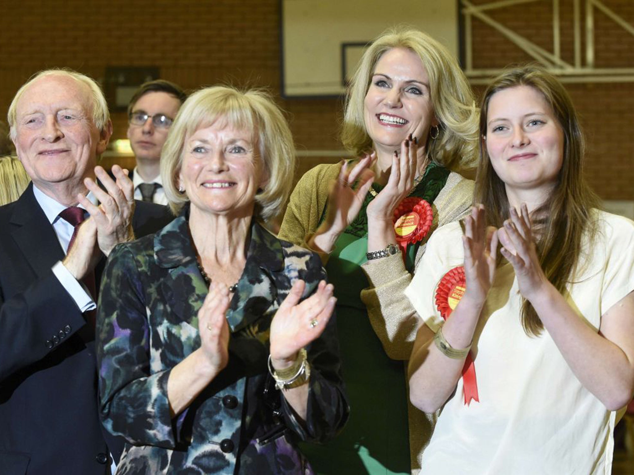 Helle Thorning-Schmidt celebrates with her daughter Johanna and mother and father-in-law Glenys and Neil Kinnock