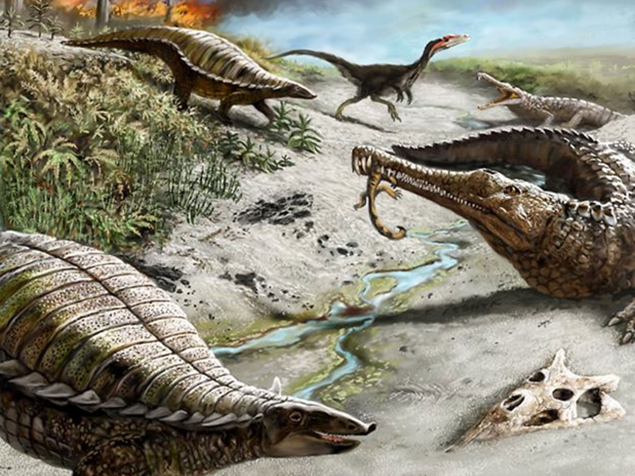 An artist's impression of dinosaurs that lived 200 million years ago, as they have given scientists a dramatic glimpse of what may be in store for the world if greenhouse gas emissions are not held back.