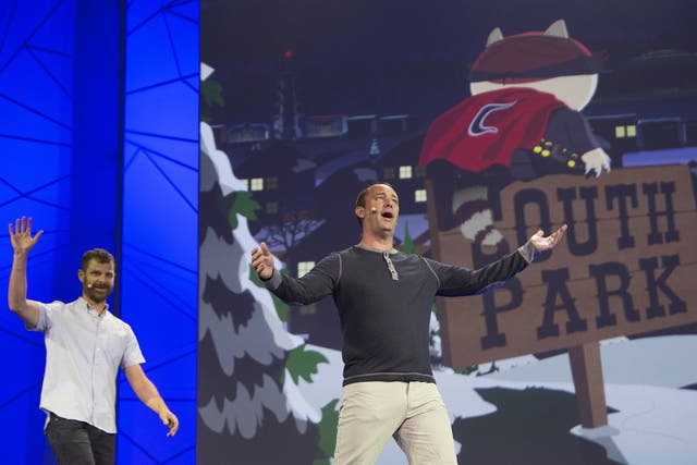 South Park co-founders Matt Stone and Trey Parker (R) appear at the Ubisoft E3 Conference on June 15, 2015 in Los Angeles, California