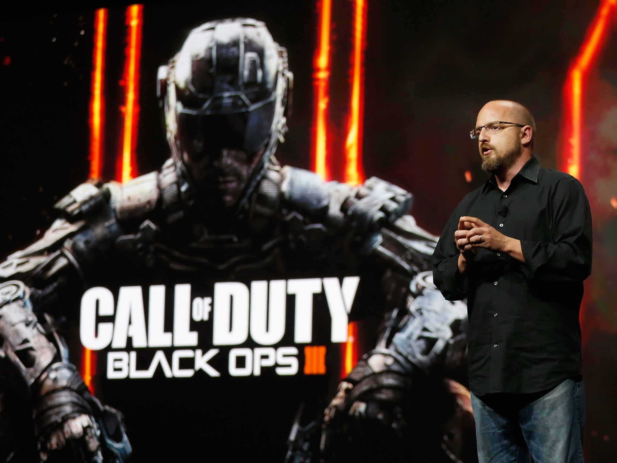 Treyarch's Game Designer Director, David Vonderhaar introduces 'Call of Duty Black Ops 2' during the Sony E3 press conference at the L.A. Memorial Sports Arena on June 15, 2015 in Los Angeles, California
