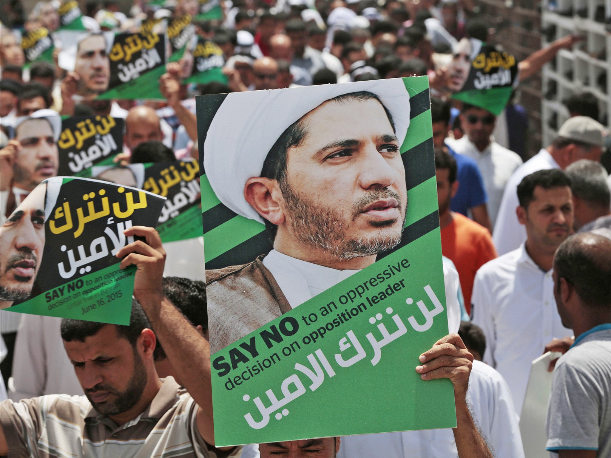 Bahraini Shiite Muslims march in support of prominent jailed opposition leader Sheikh Ali Salman in Diraz, Bahrain, last Friday
