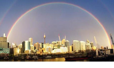 The photo was taken from the Australia National Maritime Museum's Wharf 7 building in Pyrmont, facing Darling Harbour.