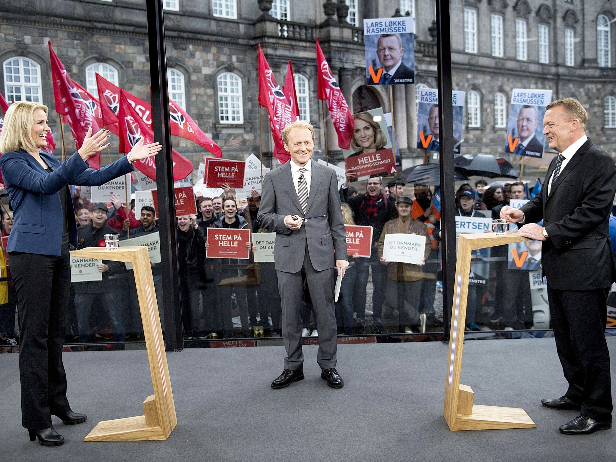 Helle Thorning-Schmidt and Lars Lokke Rasmussen at an election campaign debate in Copenhagen