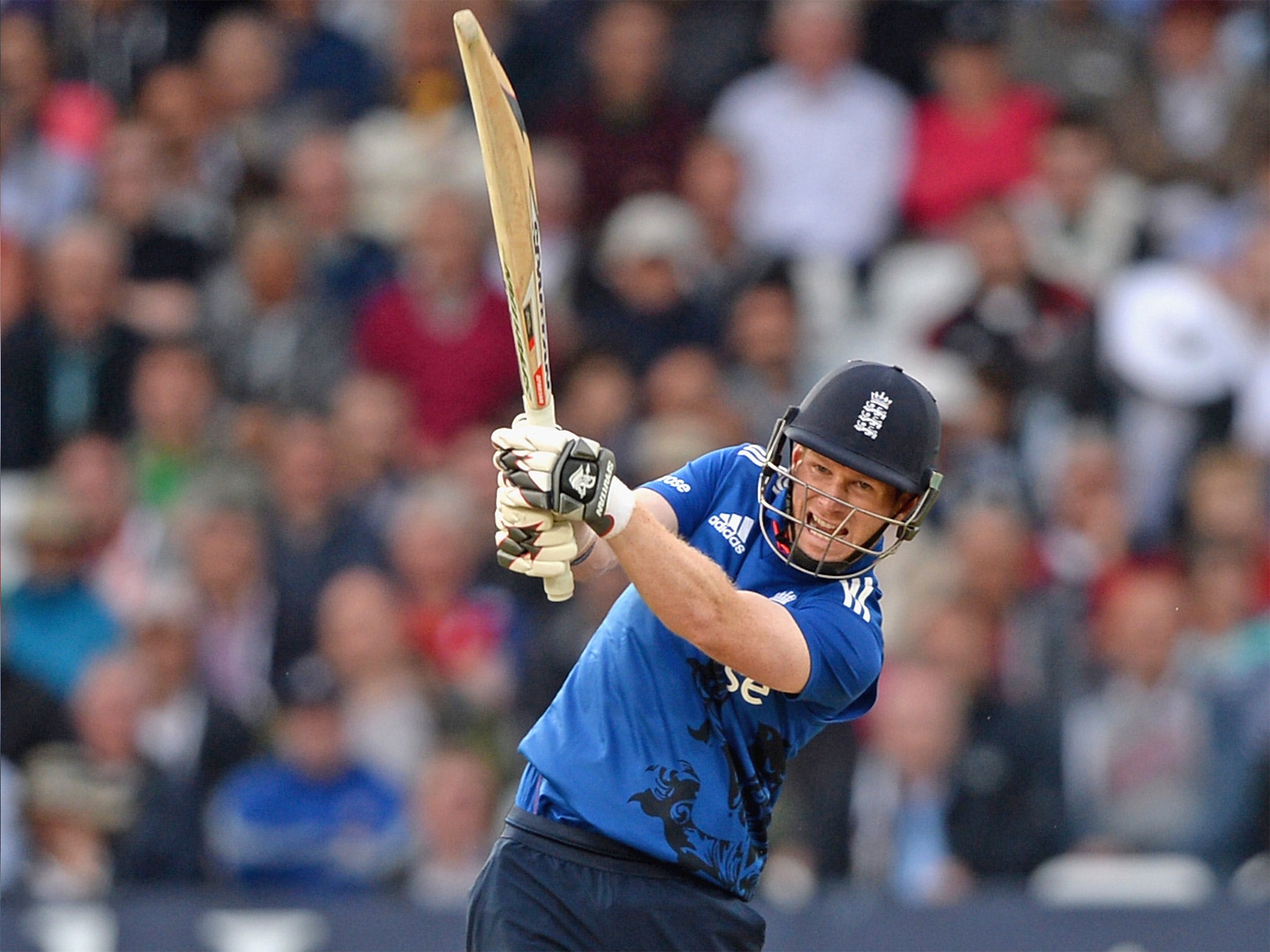 Eoin Morgan smashes a six during his stunning innings of 113
