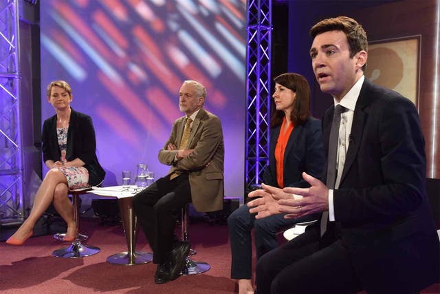 From left: Yvette Cooper, Jeremy Corbyn, Liz Kendall and Andy Burnham at a televised Labour leadership debate