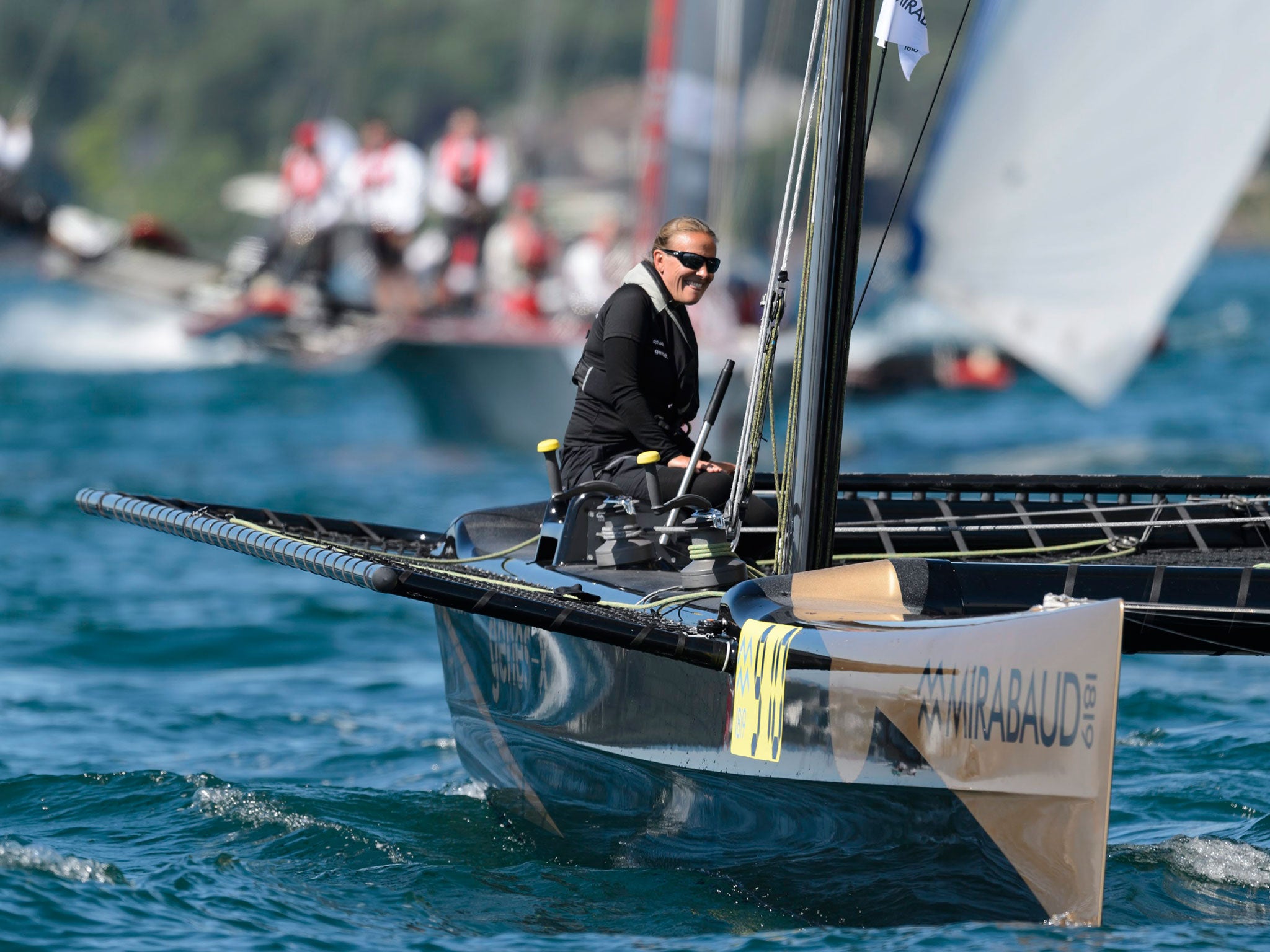 Dona Bertarelli smiles onboard of the D35 Ladycat powered by Spindrift Racing