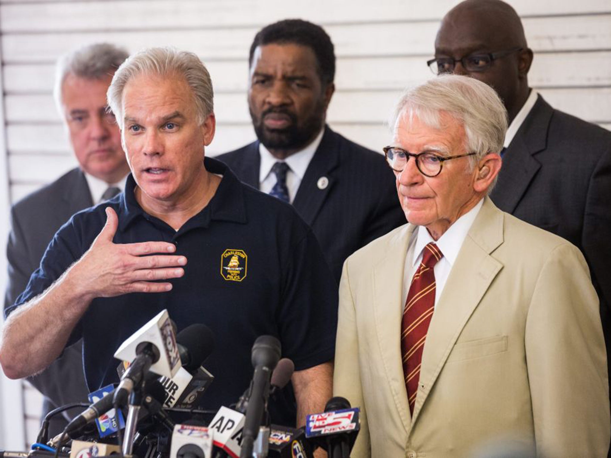 Charleston Police Chief Greg Mullen, left, with Mayor Joe Riley held a press conference to discuss the killings