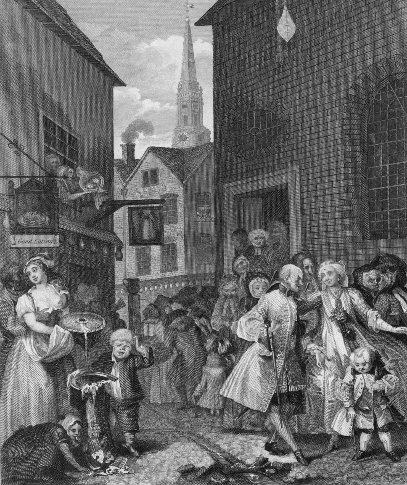 'Noon', William Hogarth's painting of Huguenots leaving church in what is now Soho in 1736 (Getty)