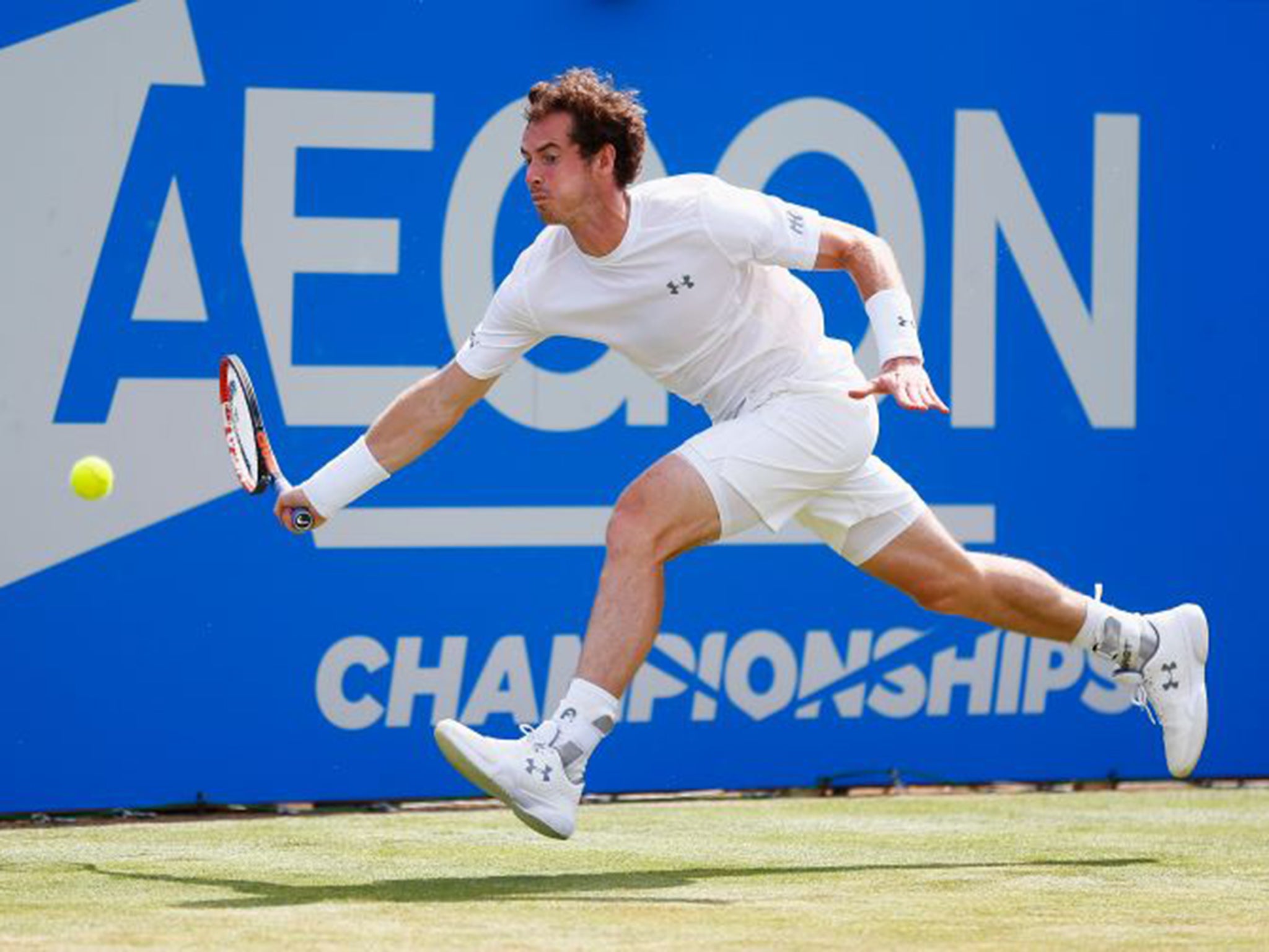 Andy Murray reaches for a forehand at Queen’s during his victory over Fernando Verdasco on Thursday