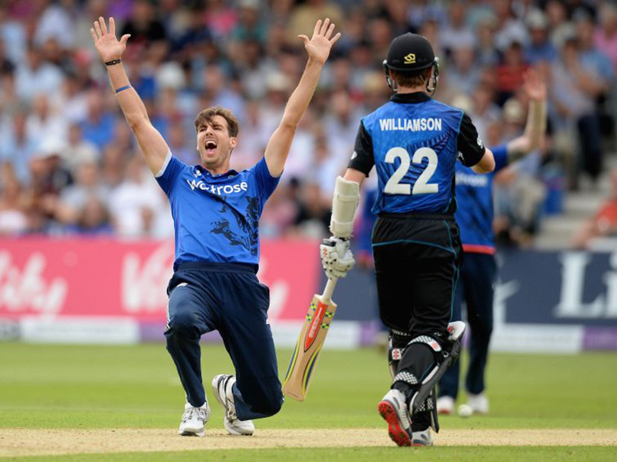 The England bowler Steve Finn appeals during Wednesday’s one-day victory over New Zealand at Trent Bridge, where he returned figures of 1 for 51