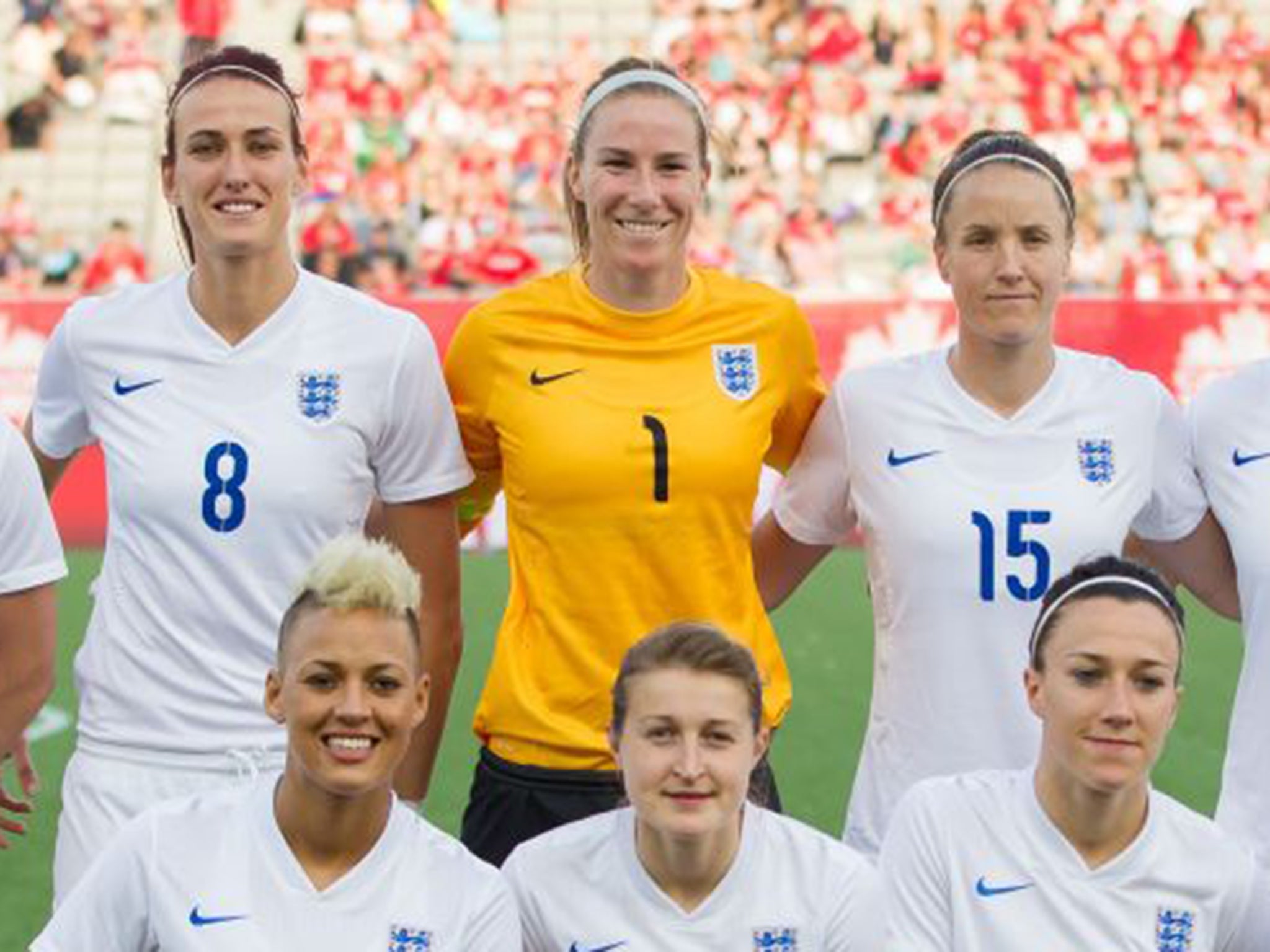 Karen Bardsley, back centre, made a vital save just before half time to preserve England’s 2-0 lead over Colombia