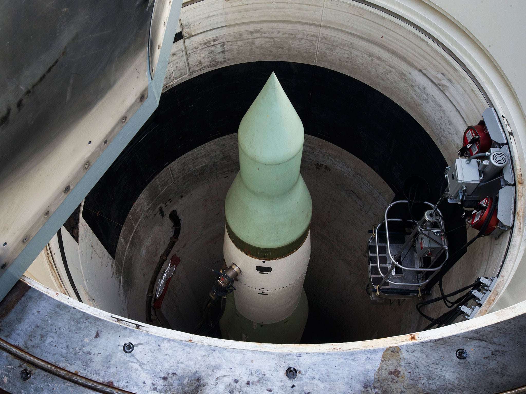 An unarmed Minutemen intercontinental ballistic missile is seen in its launch tube at the Delta-09 launch facility just outside Wall, South Dakota
