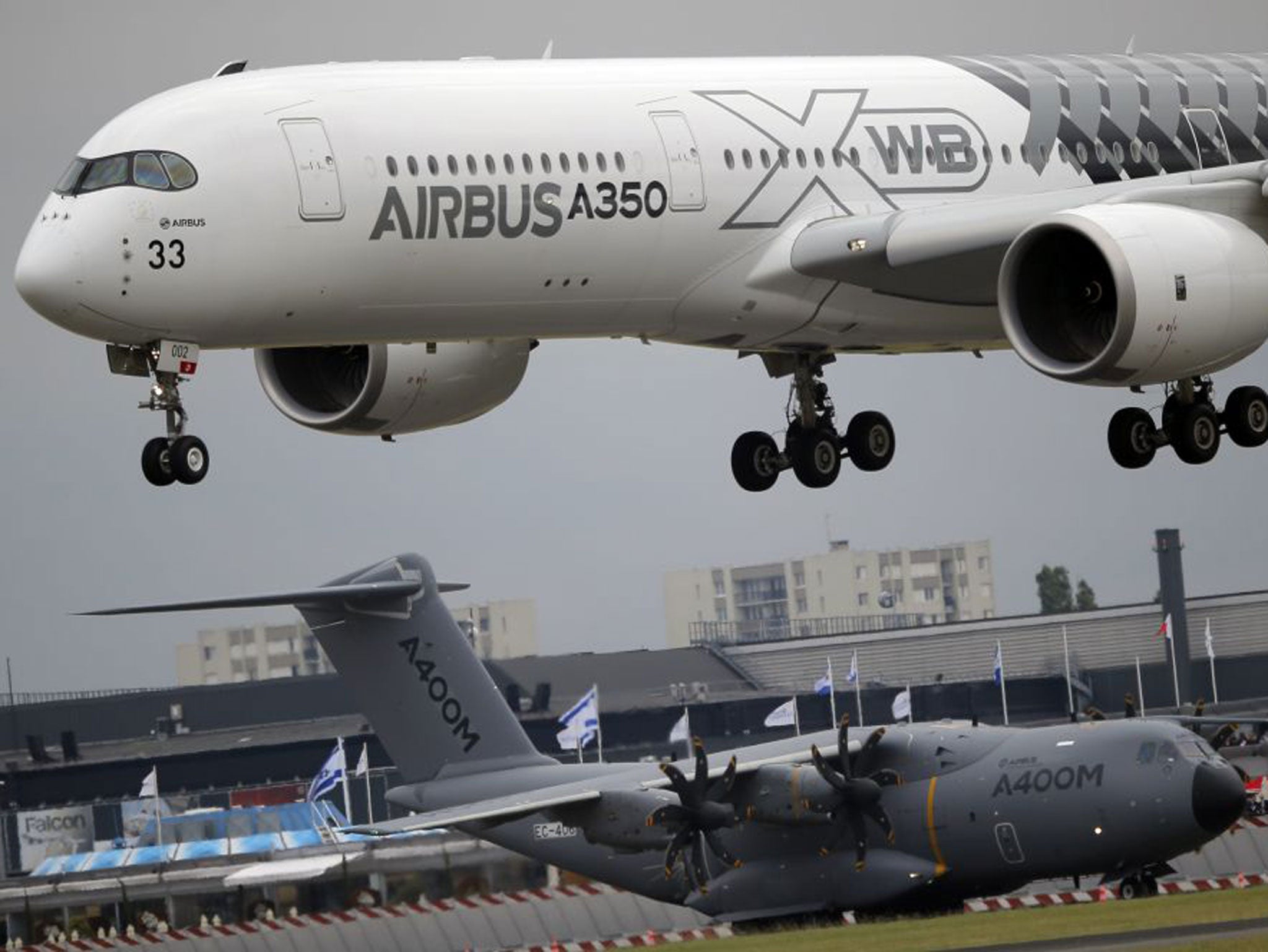 Airbus A350 comes in to land at the Paris Air Show