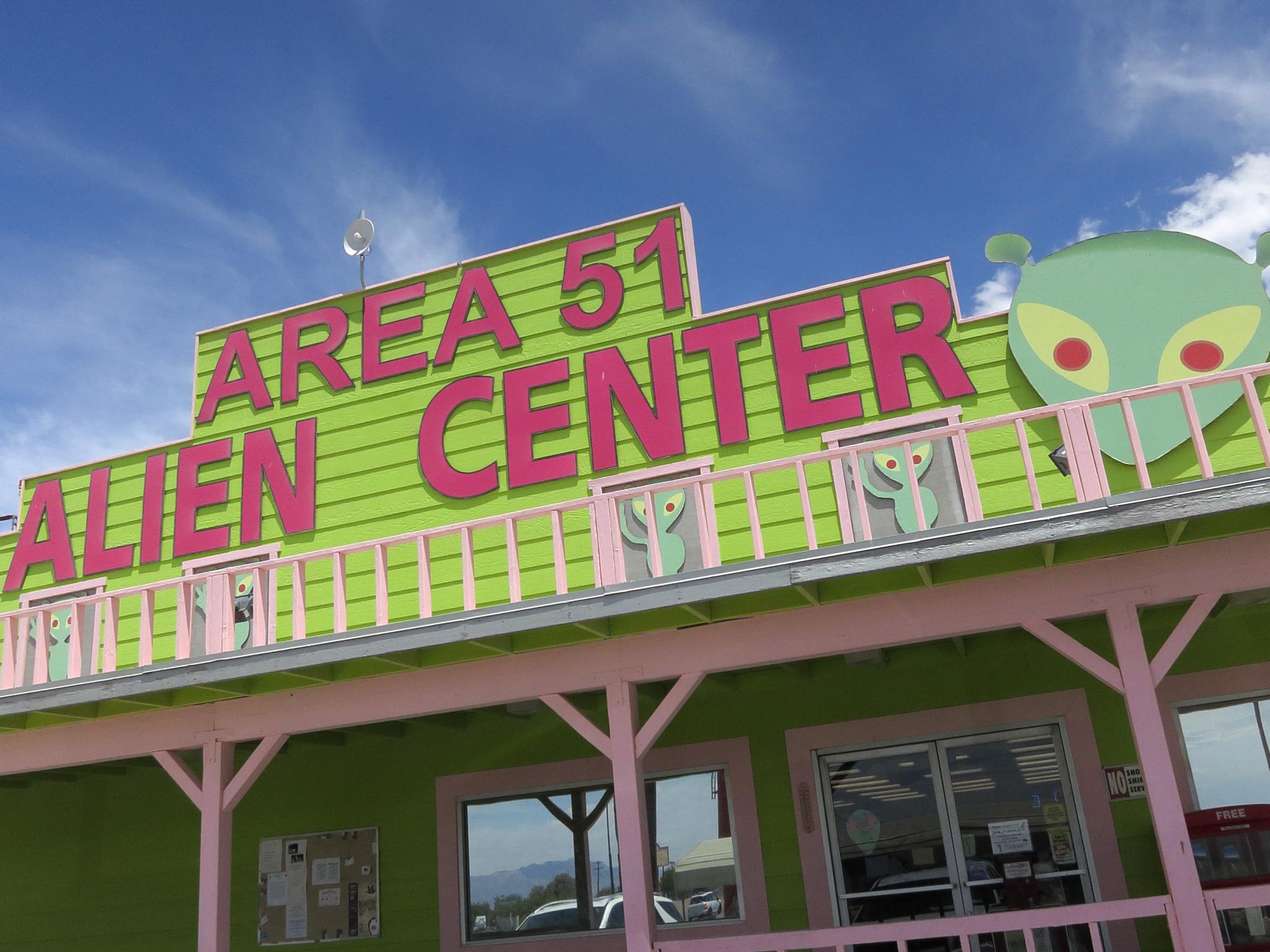 A souvenir shop that houses a brothel in an annex beckons visitors near a junction that leads to Area 51 on July 19, 2014 at Amergosa Valley, Nevada. Area 51 is another name for a portion of Edwards Air Force Base that UFO enthusiasts have theorized contains evidence of visitors from outer space