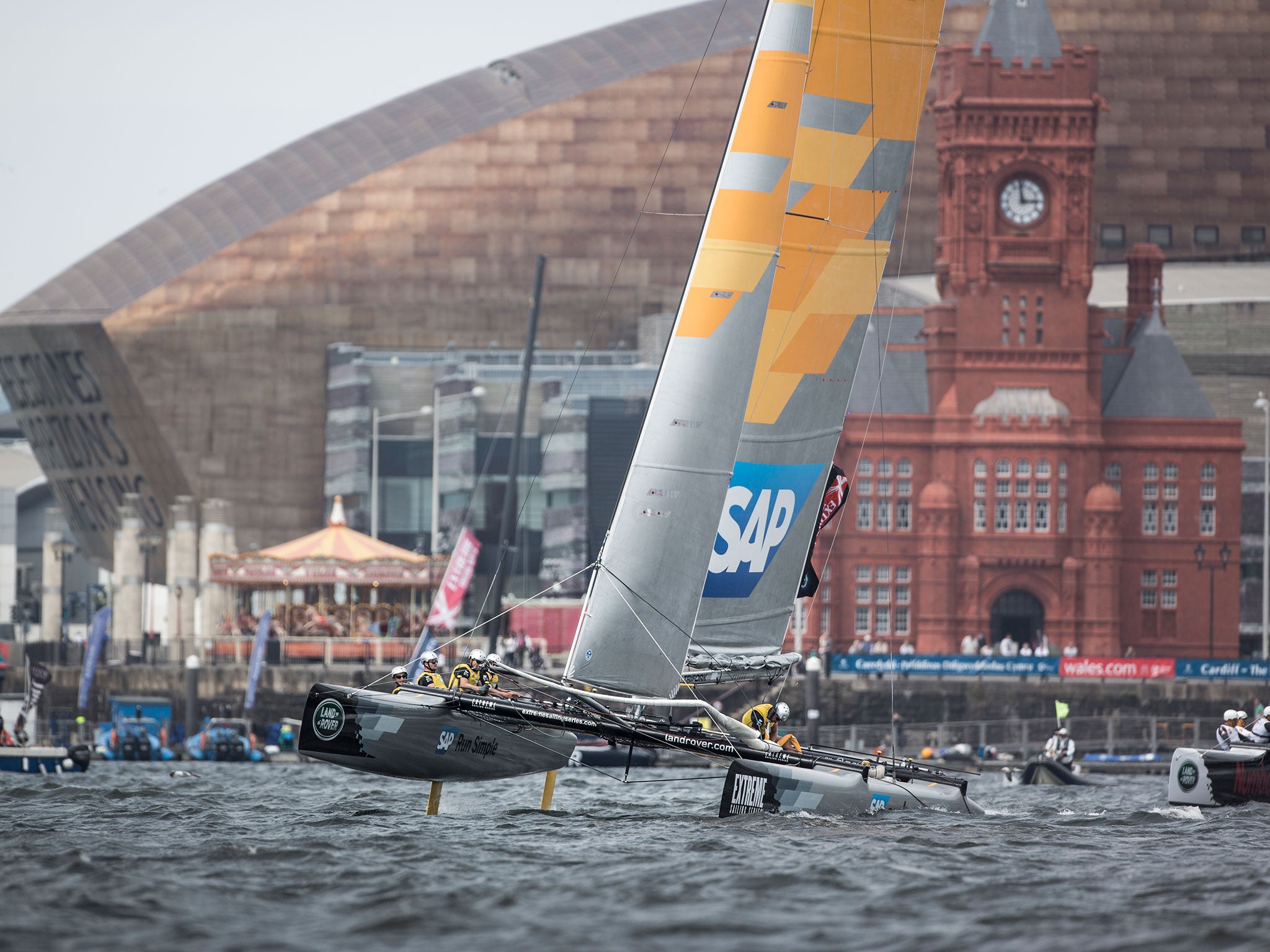 Jes Gram-Hansen’s SAP is testing former double Extreme Sailing Series champion Leigh McMillan’s The Wave Muscat on the second day of the Extreme Sailing Series regatta in Cardiff.