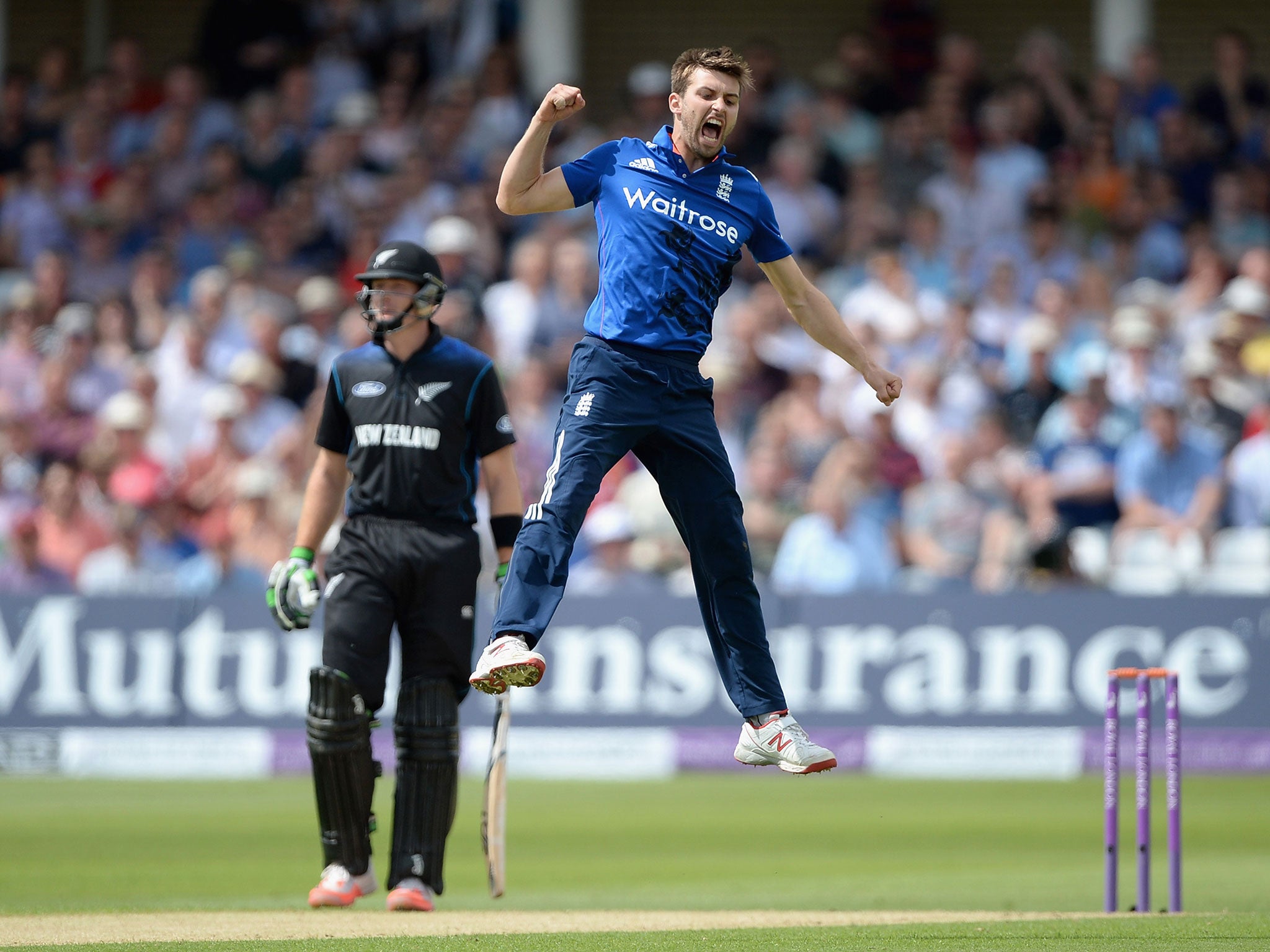 Mark Wood celebrates the wicket of Brendon McCullum