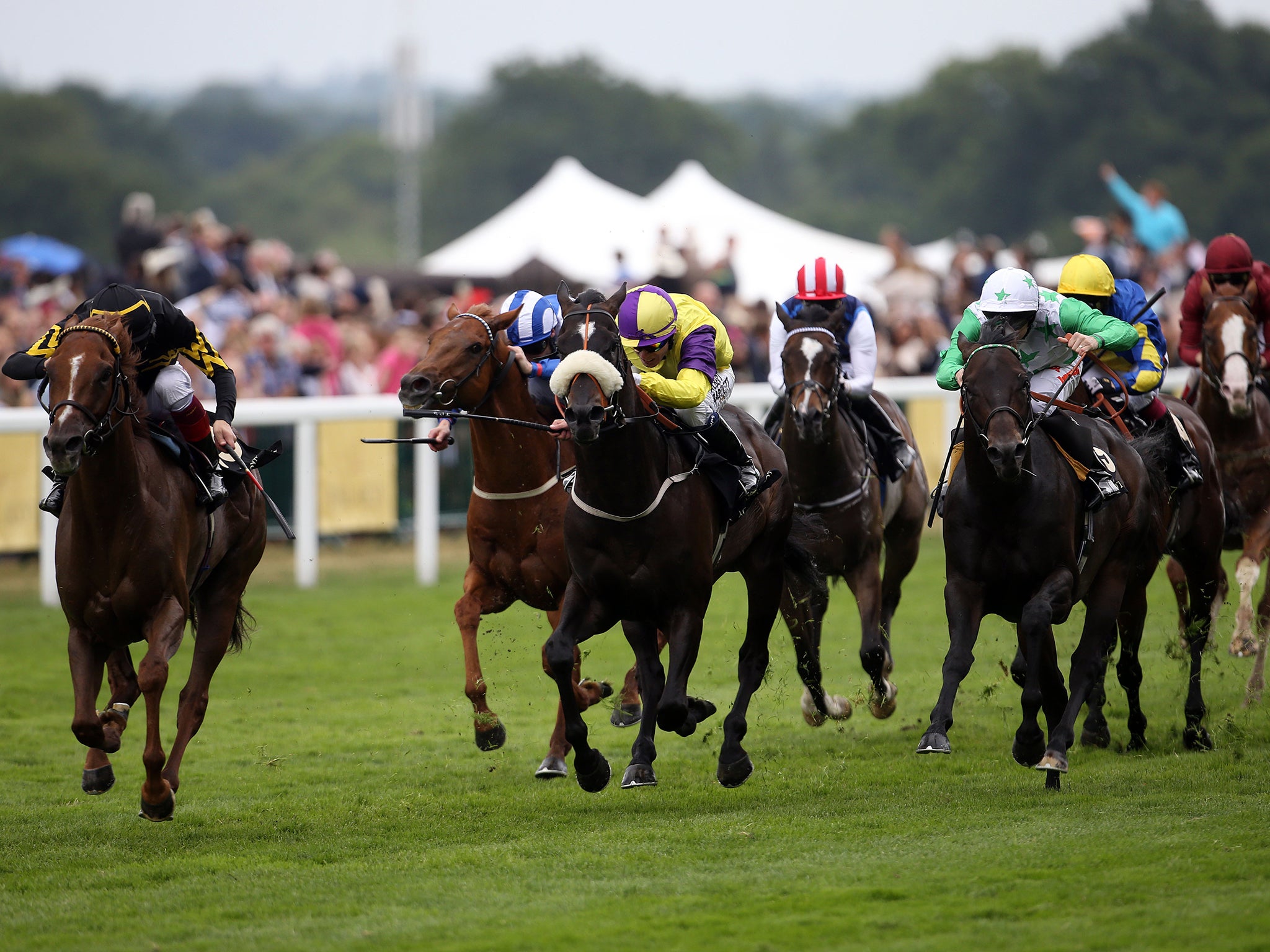 Frankie Dettori, far left, leads Undrafted home in the Diamond Jubilee Stakes at Royal Ascot