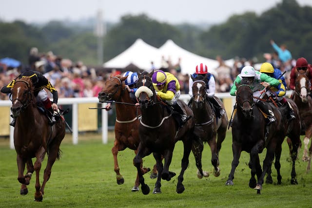 Frankie Dettori, far left, leads Undrafted home in the Diamond Jubilee Stakes at Royal Ascot