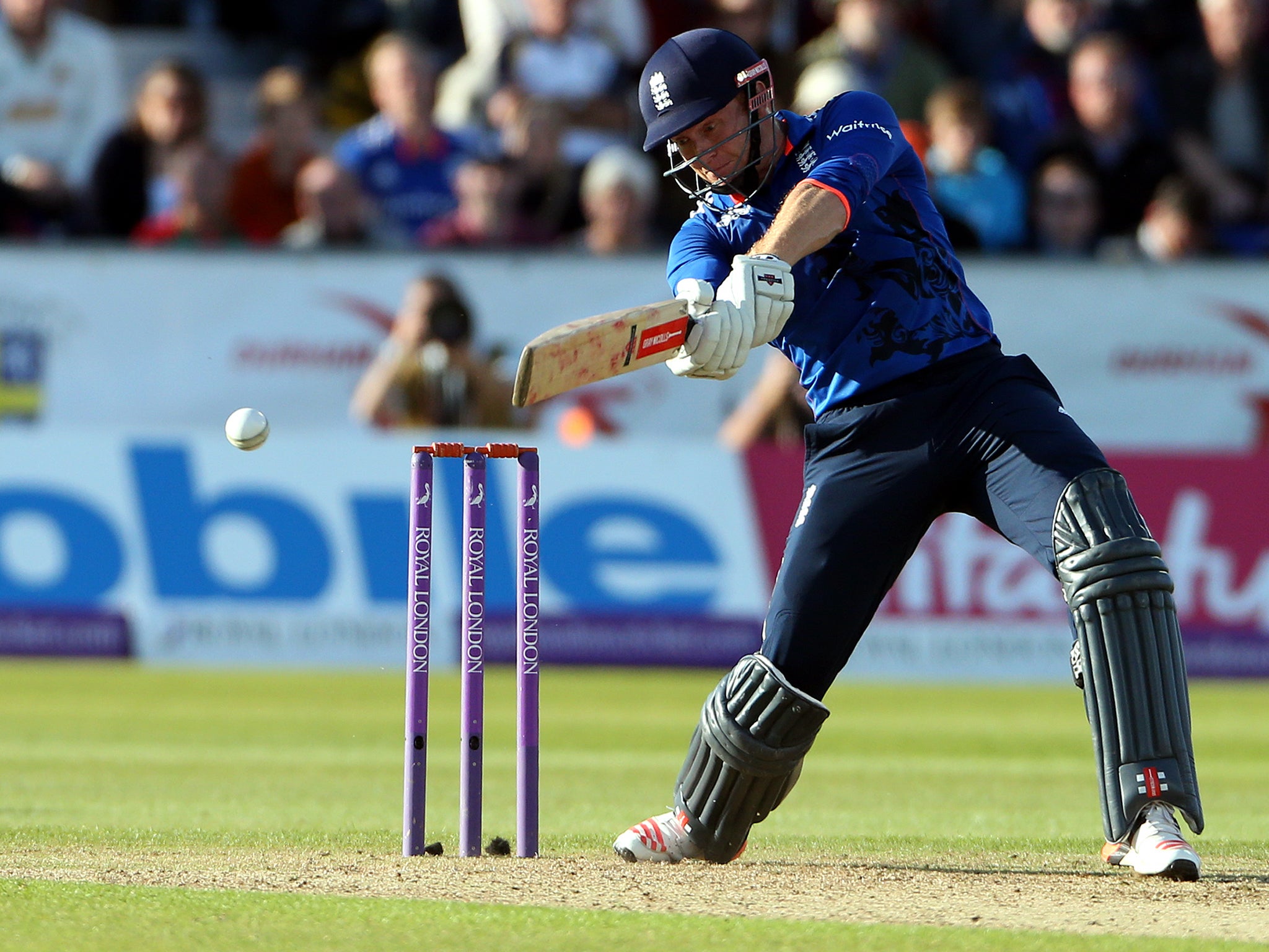 England's Jonny Bairstow plays a shot off the bowling of New Zealand's Ben Wheeler