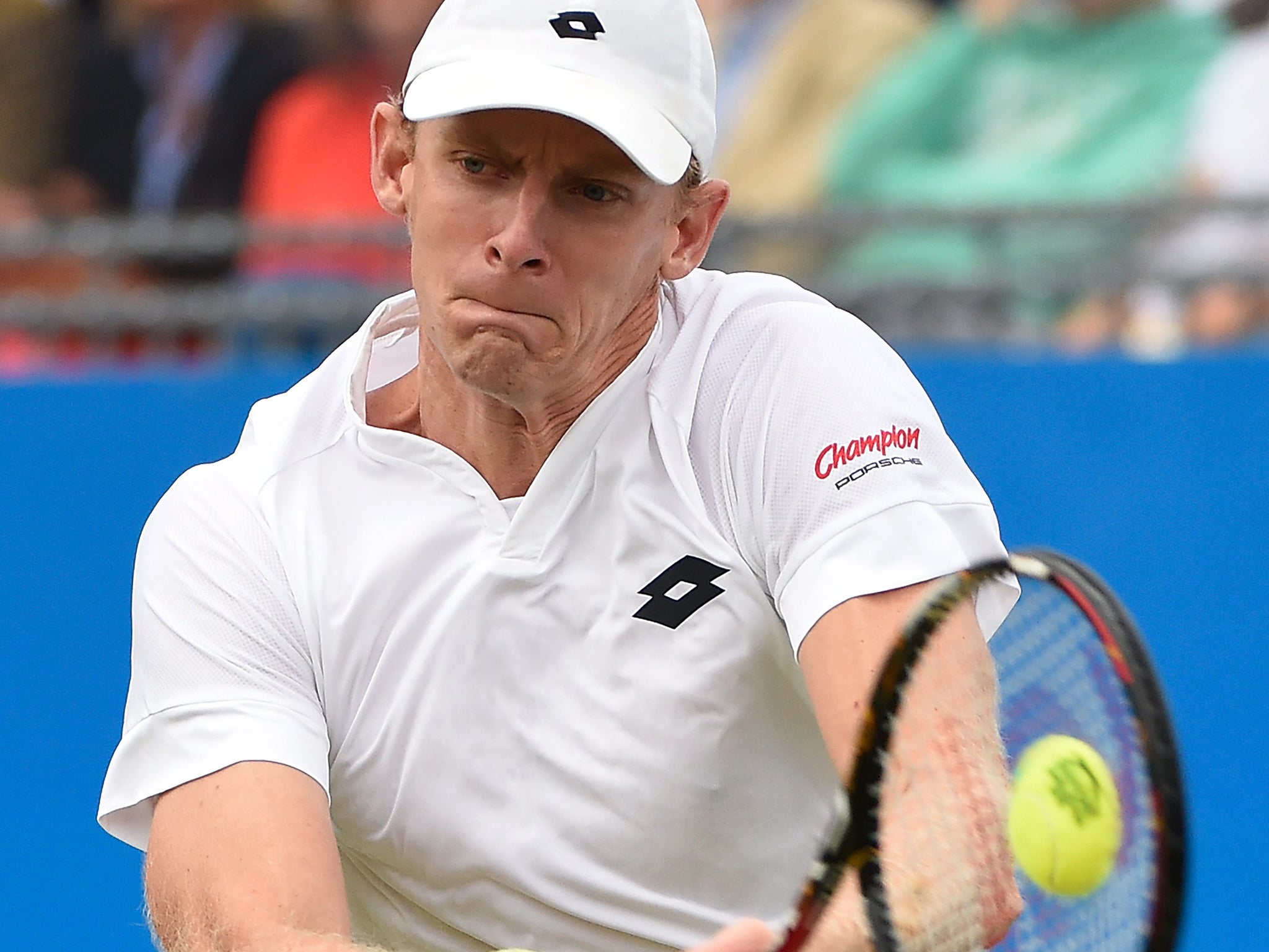Back to his best: Kevin Anderson hits a backhand on his way to his semi-final victory over France’s Gilles Simon