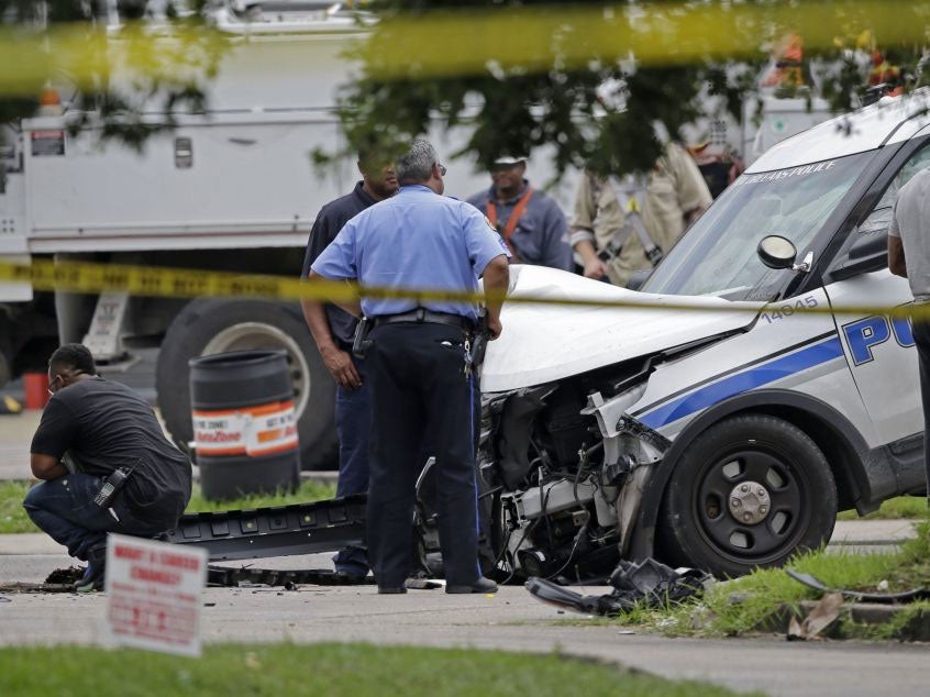 The wrecked police car Daryle Holloway was driving when he was shot dead at the wheel