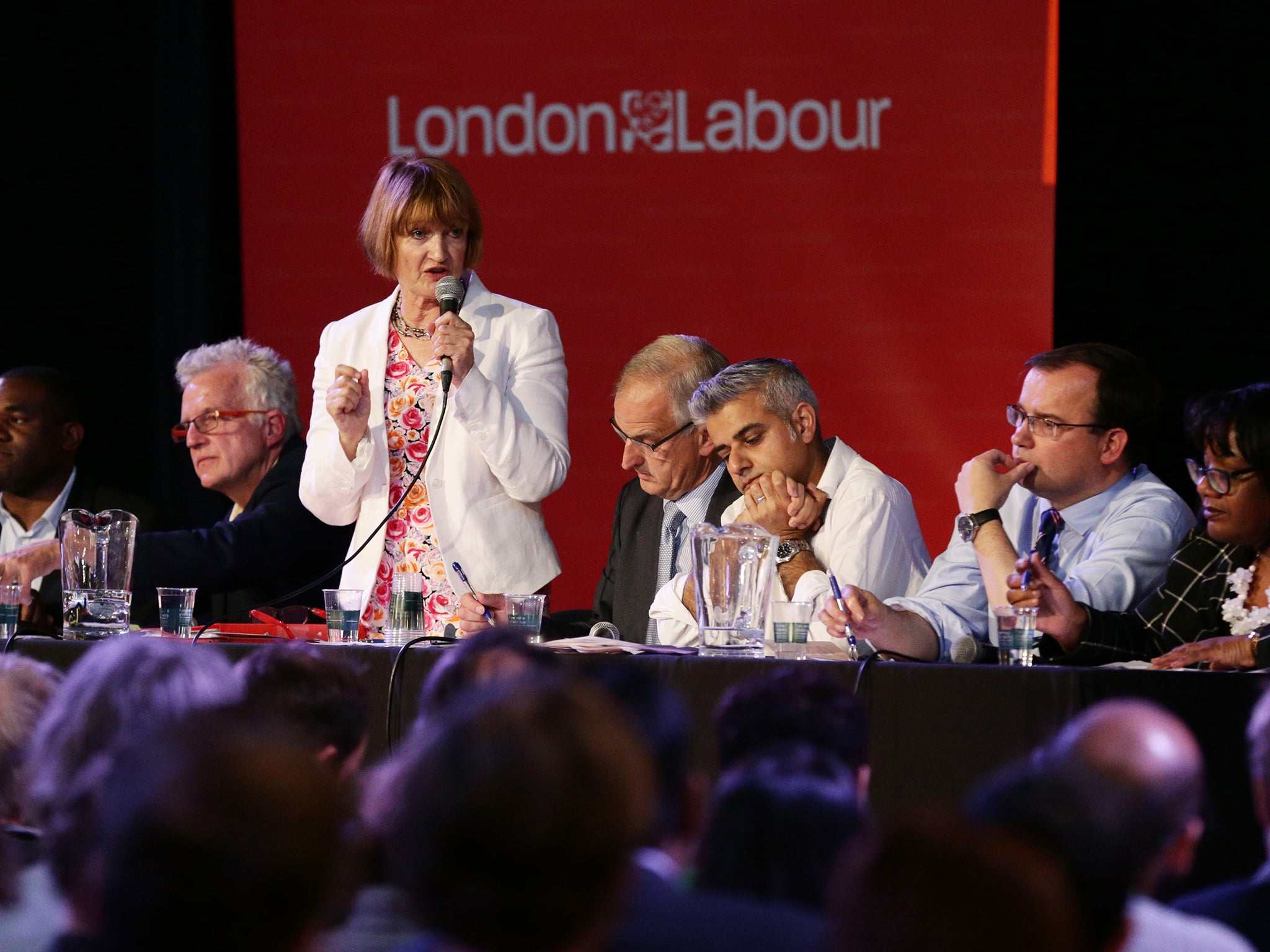 Tessa Jowell speaking, as (left to right) David Lammy, Christian Wolmar, chair of the event Robert Evans, Sadiq Khan, Gareth Thomas and Diane Abbott listen, during the London Labour hustings for mayoral candidacy, at the Camden Centre in central London