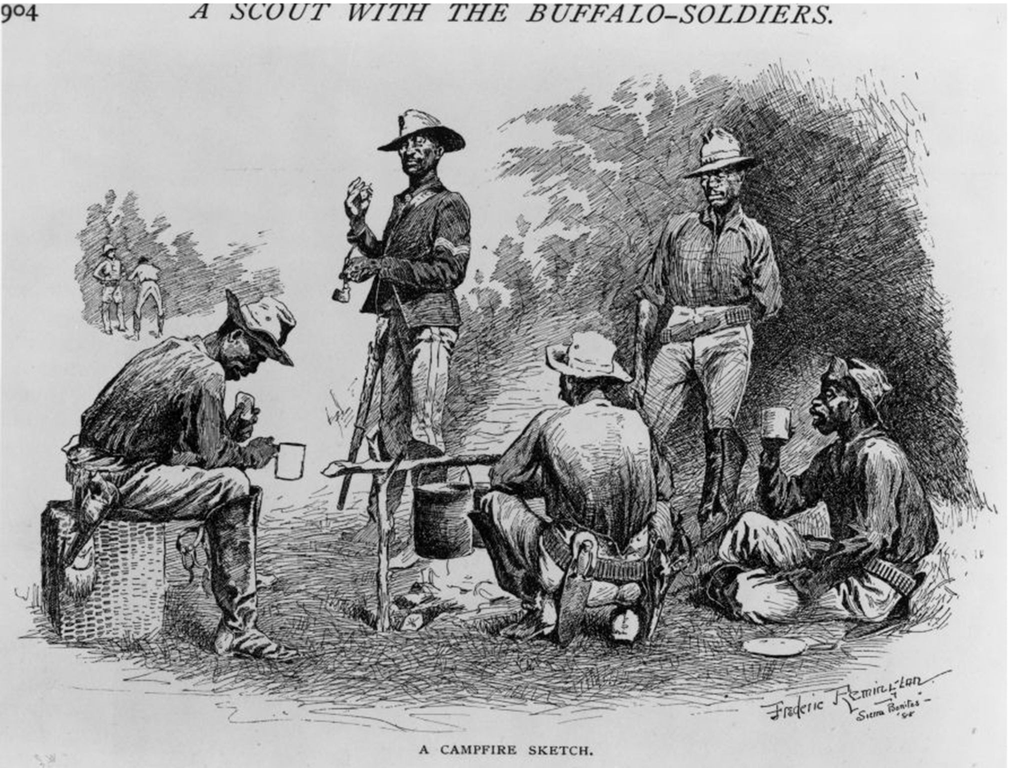 A sketch from 1888 of a contingent of African Americans or 'buffalo soldiers' making camp during a scouting mission