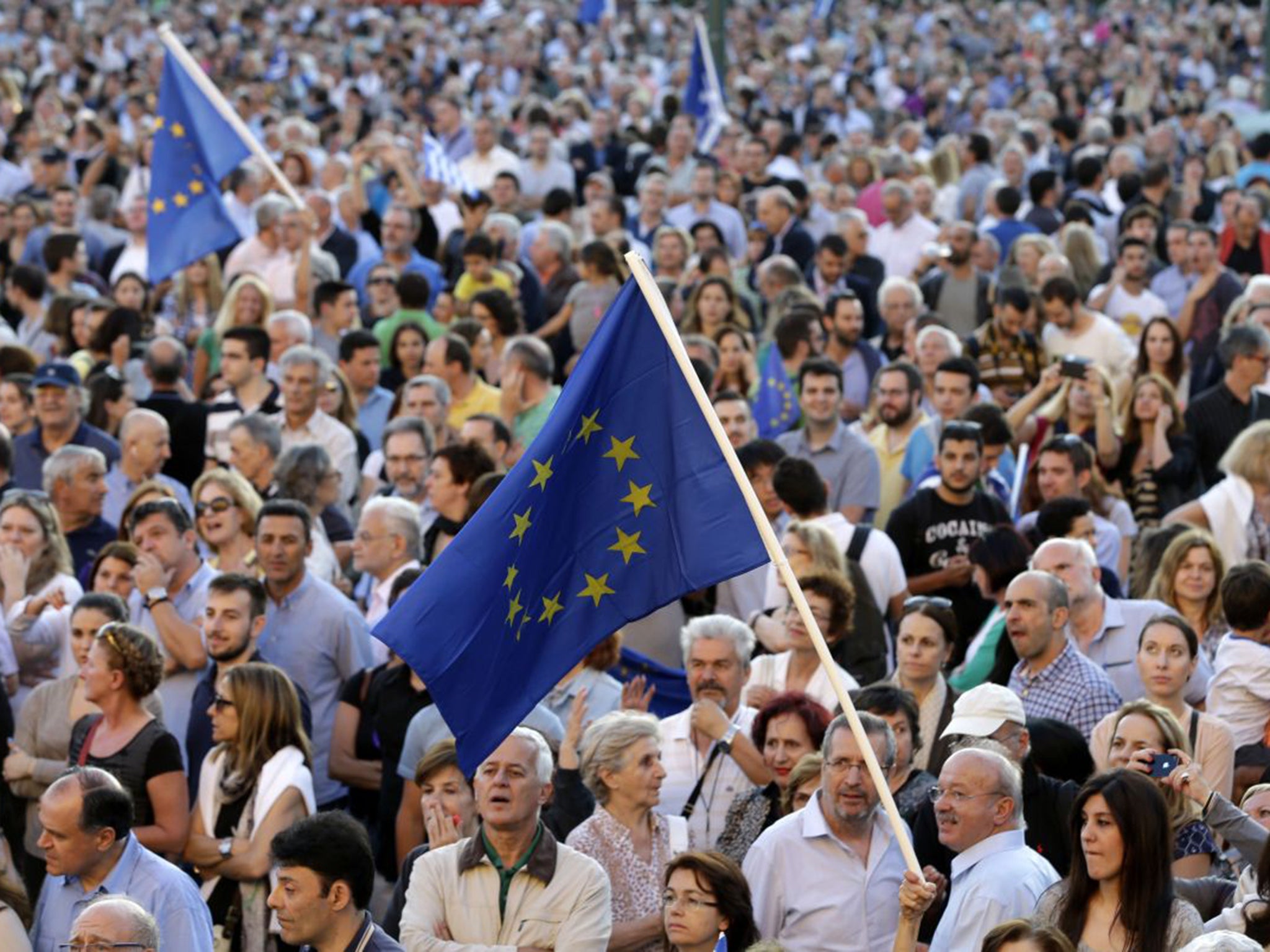 Pro-Euro demonstrators outside the Greek Parliament during a rally in Athens. Thousands of people gathered to show support for the country's future in the EU