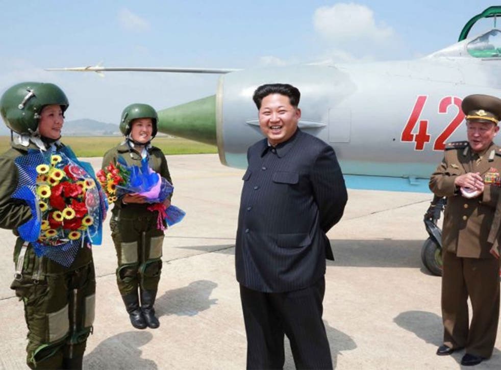 Kim Jong-Un inspecting a flight training for women supersonic fighter pilots at an undisclosed place in North Korea.    