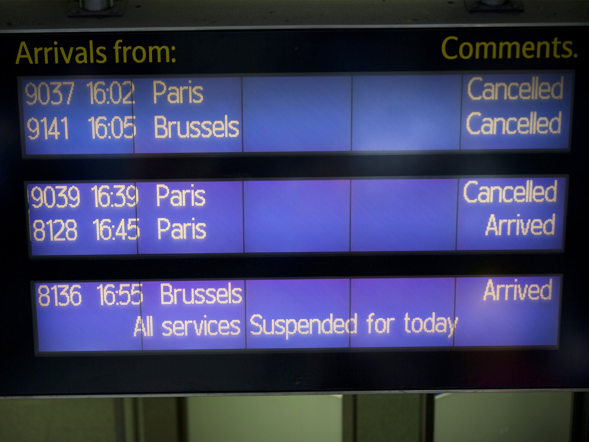 An information board at St. Pancras station shows cancelled Eurostar services