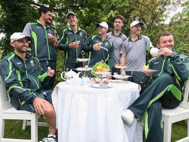 The Australian cricket squad enjoy afternoon tea at Kensington Roof Gardens in London on Tuesday
