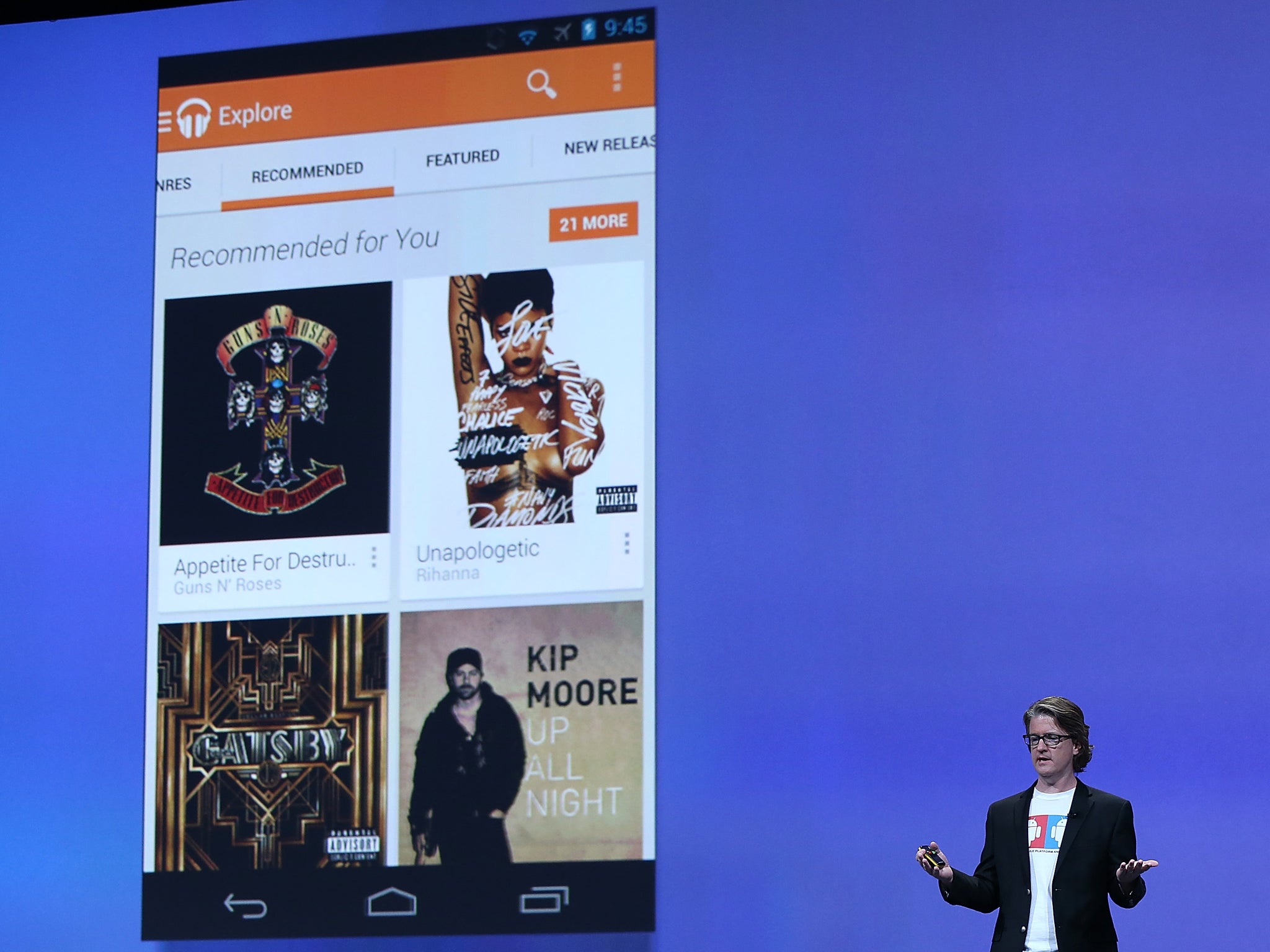Chris Yerga, Google engineering director for Android, announces the new Google Play Music All Access as he speaks during the opening keynote at the Google I/O developers conference at the Moscone Center on May 15, 2013 in San Francisco, California