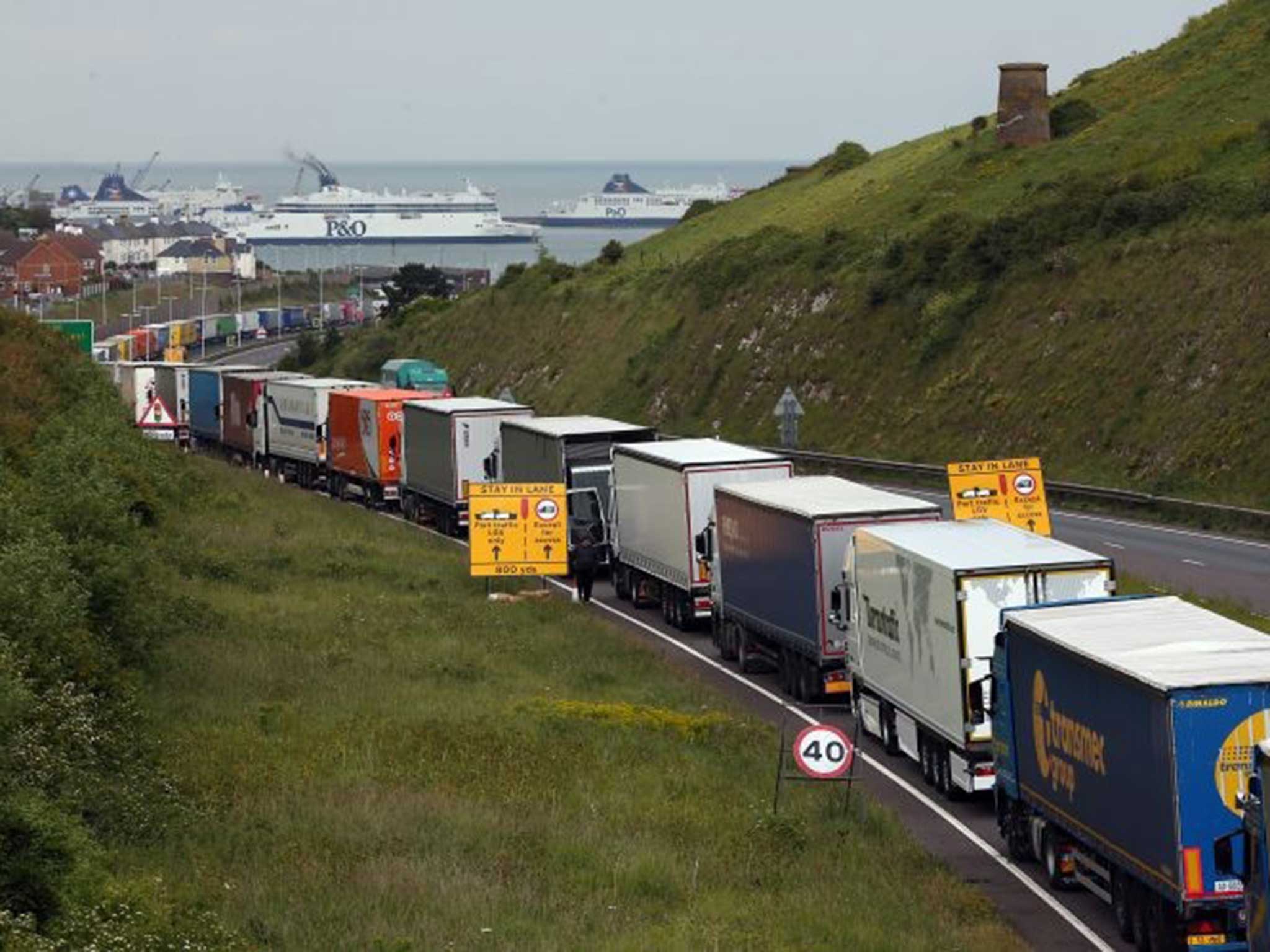 Lorries queue in Kent for the port of Dover