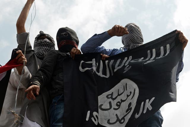 Demonstrators hold up an Isis flag